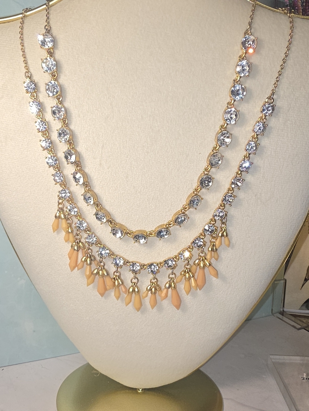 Ann Taylor Gold-Tone Double Layer Necklace with Peach Bead Fringe